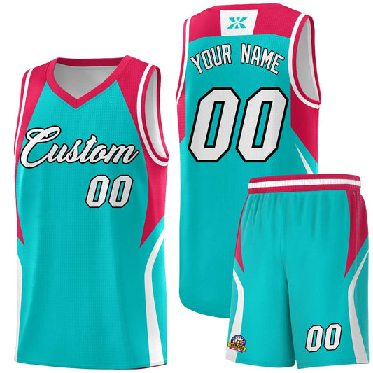 Custom Aqua Red and White Color Block Sports Uniform Basketball Jersey