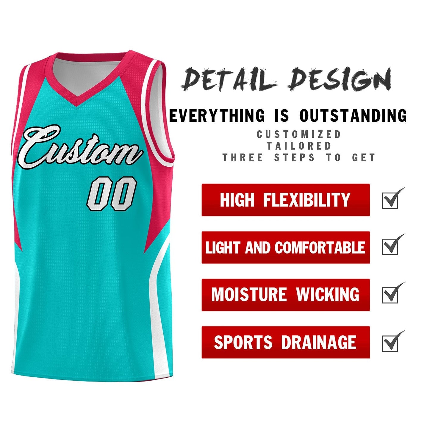 Custom Aqua Red and White Color Block Sports Uniform Basketball Jersey Limited