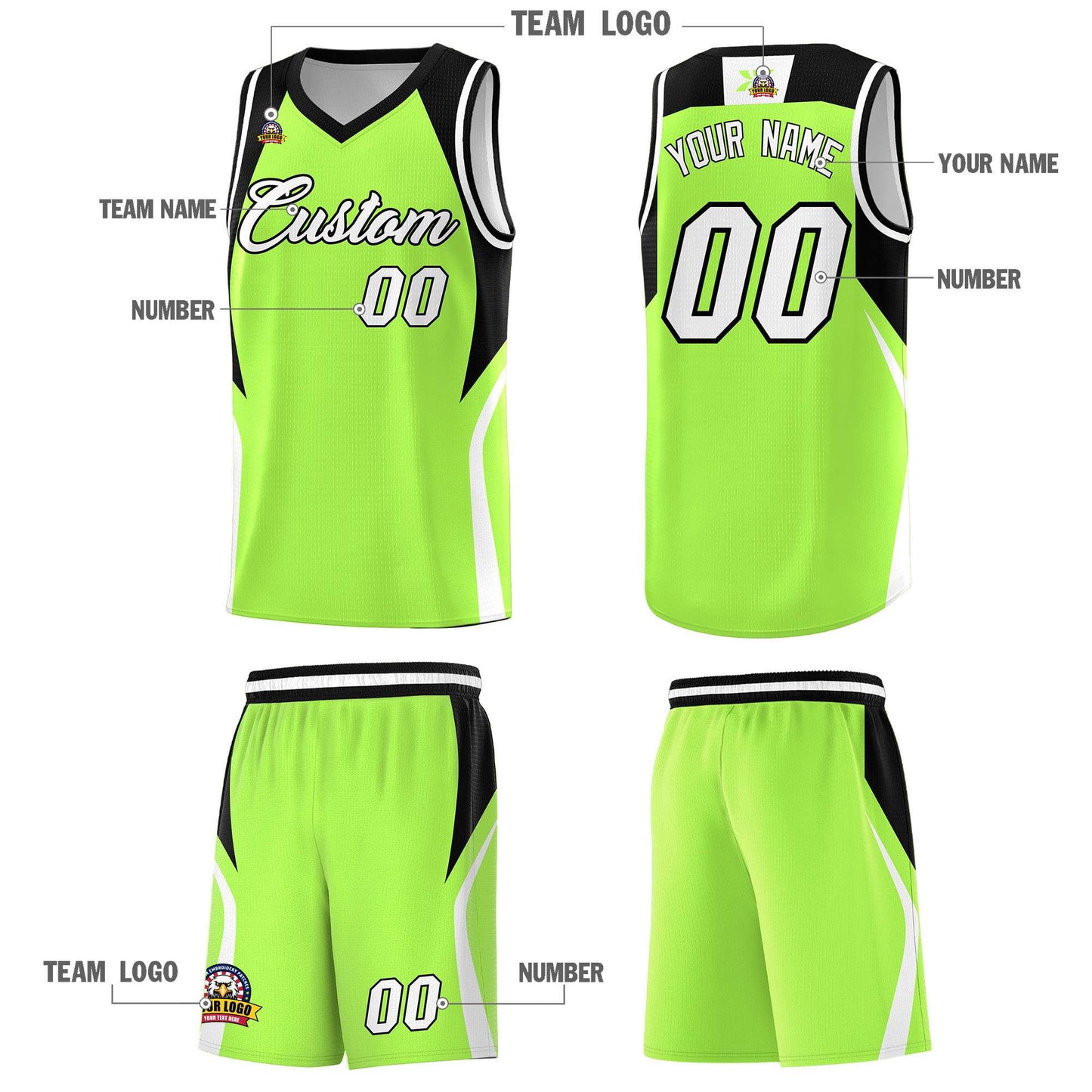 Custom Fluorescent Green Black and White Color Block Sports Uniform Basketball Jersey Limited