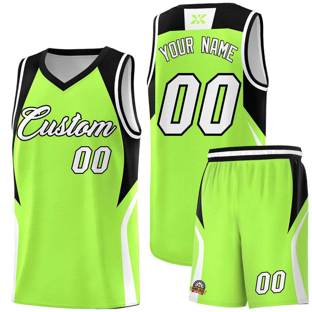 Custom Fluorescent Green Black and White Color Block Sports Uniform Basketball Jersey