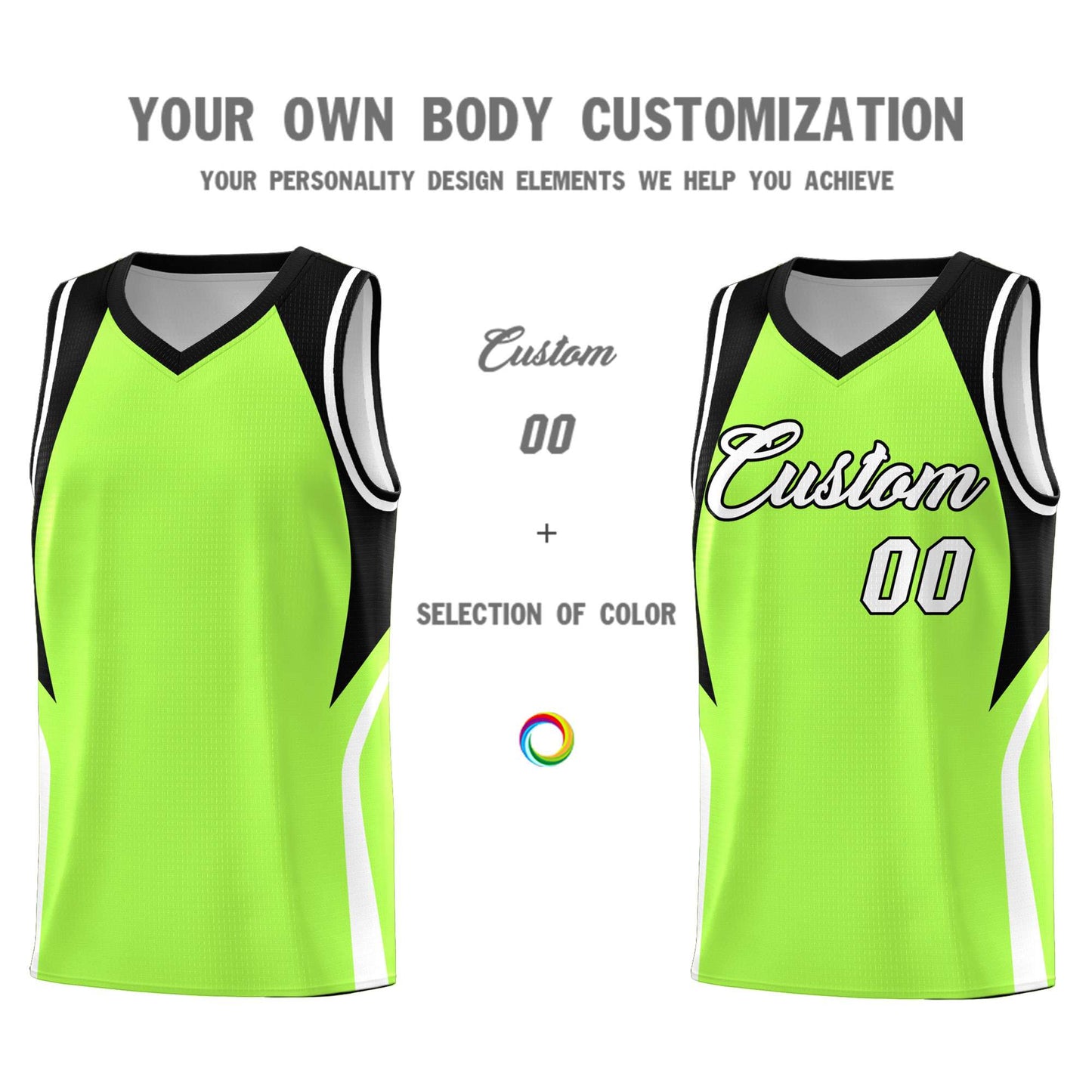 Custom Fluorescent Green Black and White Color Block Sports Uniform Basketball Jersey Limited