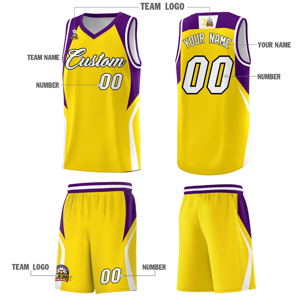 Custom Gold Purple and White Color Block Sports Uniform Basketball Jersey Limited