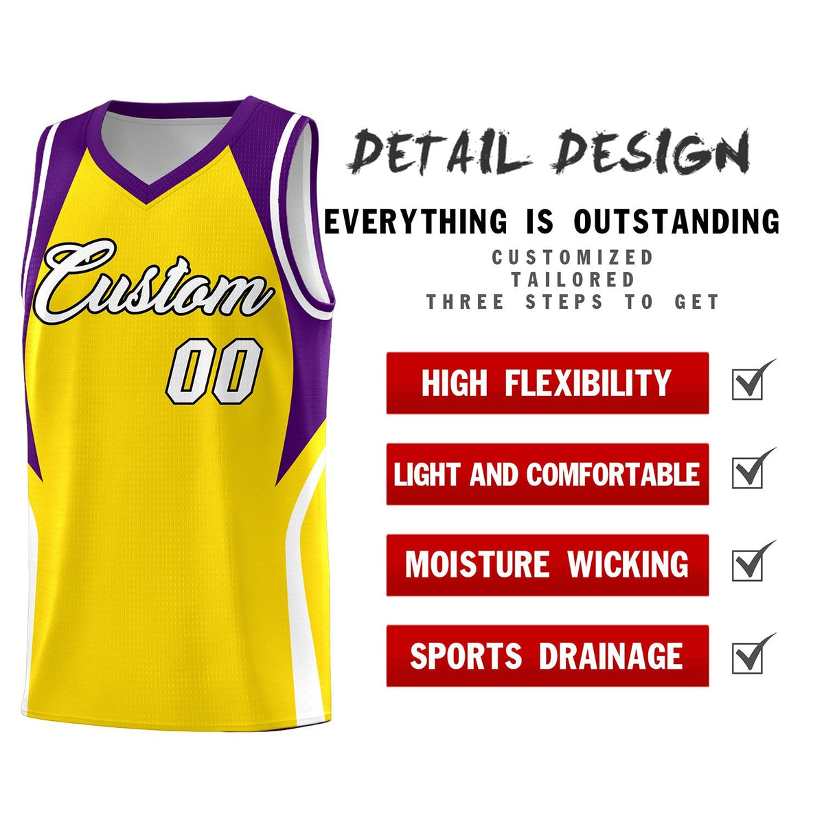Custom Gold Purple and White Color Block Sports Uniform Basketball Jersey Limited