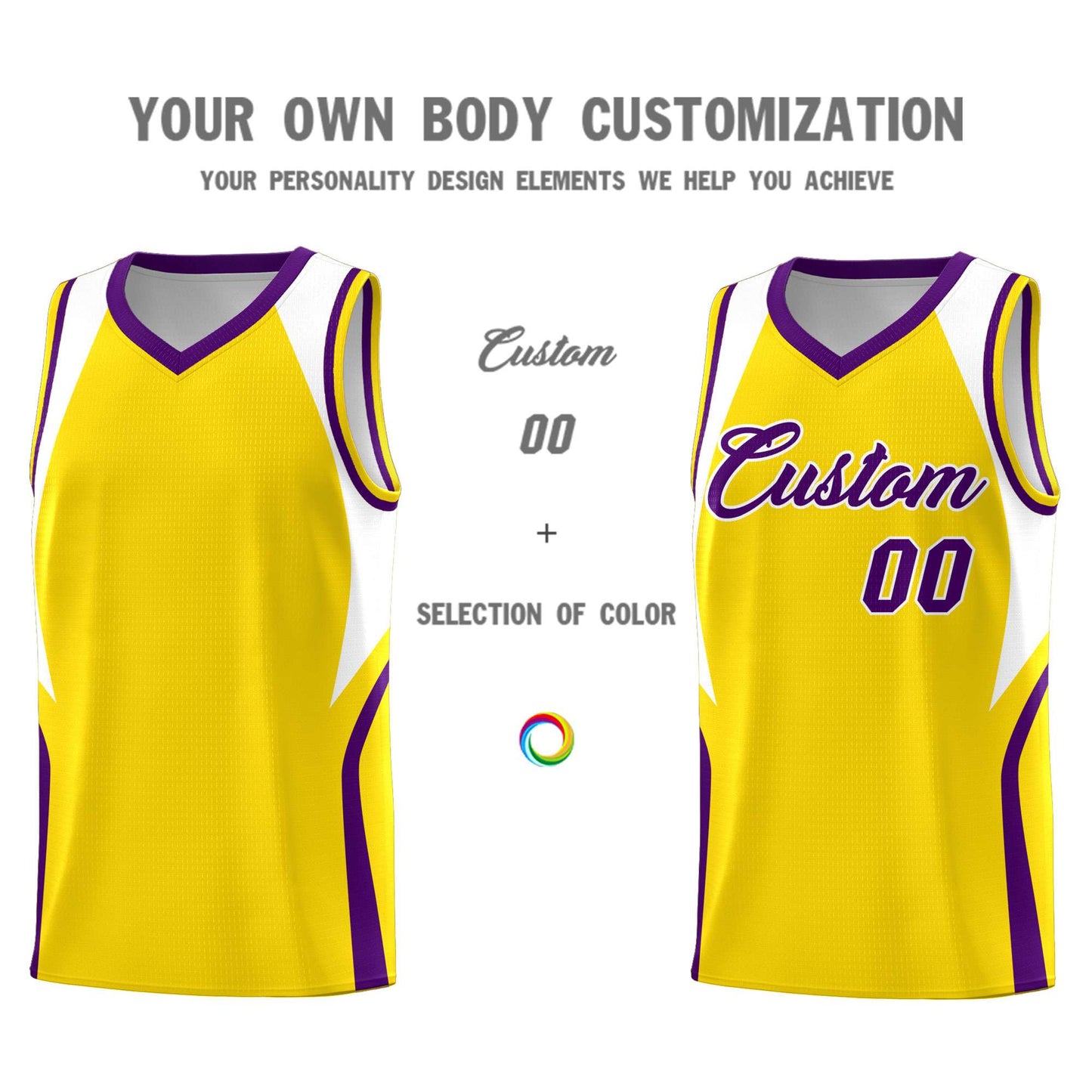 Custom Gold White and Purple Color Block Sports Uniform Basketball Jersey Limited