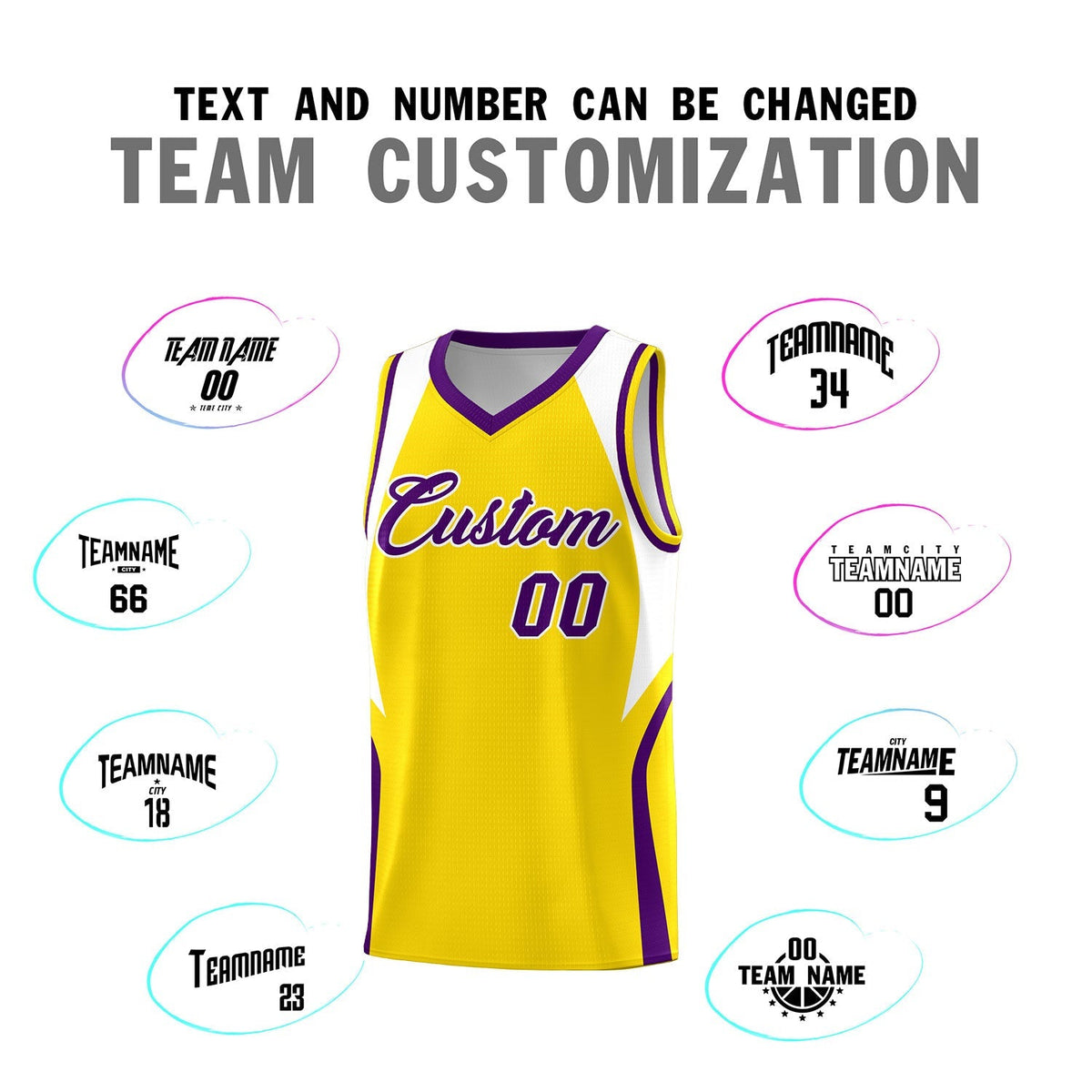 Custom Gold White and Purple Color Block Sports Uniform Basketball Jersey Limited