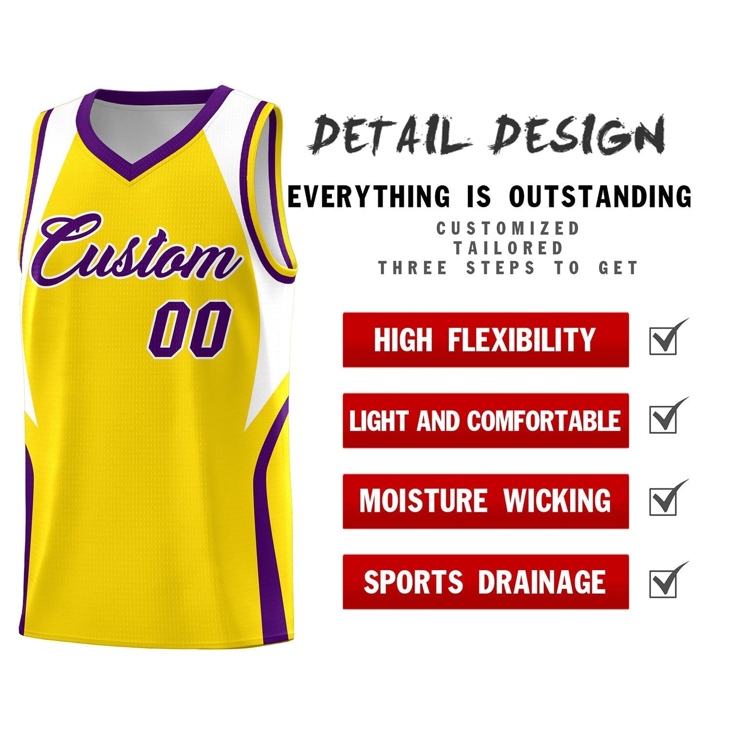 Custom Gold White and Purple Color Block Sports Uniform Basketball Jersey Limited
