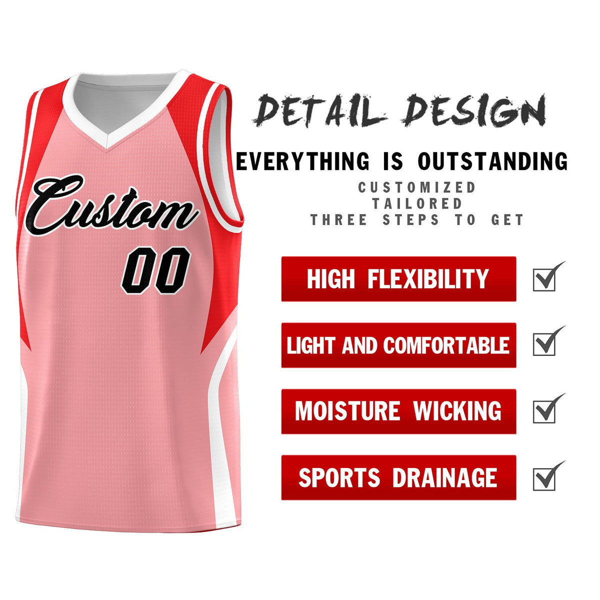 Custom Light Pink Red and White Color Block Sports Uniform Basketball Jersey Limited