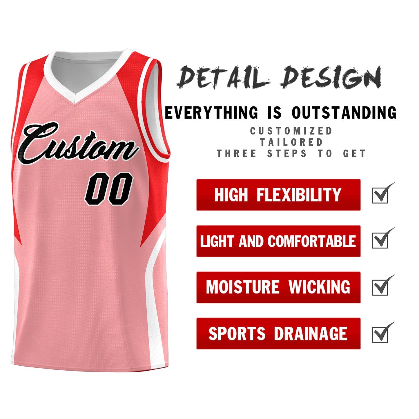 Custom Light Pink Red and White Color Block Sports Uniform Basketball Jersey Limited