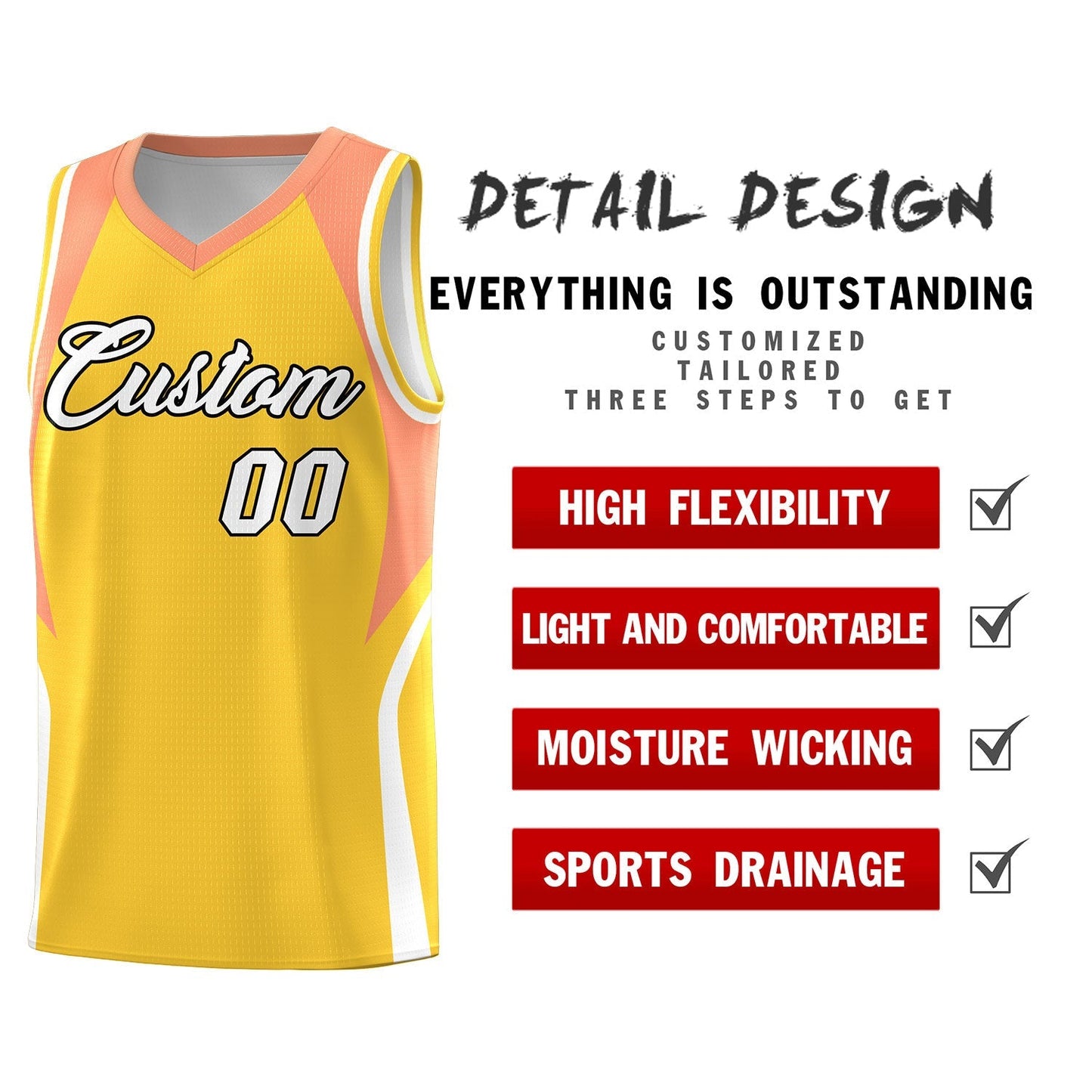 Custom Gold Orange and White Color Block Sports Uniform Basketball Jersey Limited