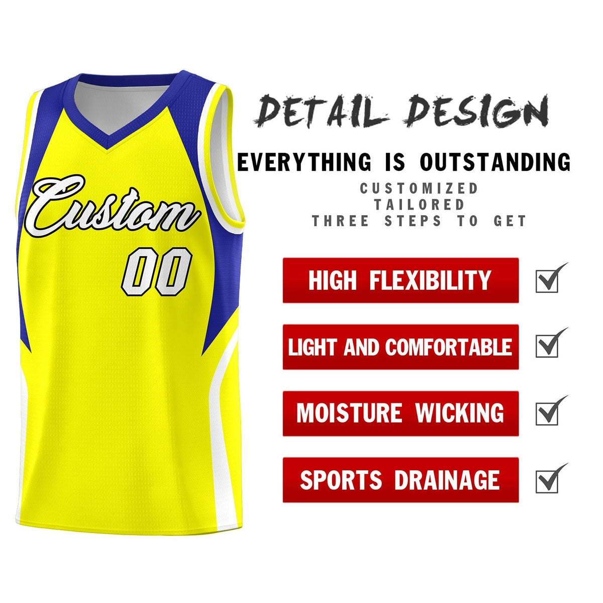 Custom Gold Royal and White Color Block Sports Uniform Basketball Jersey Limited