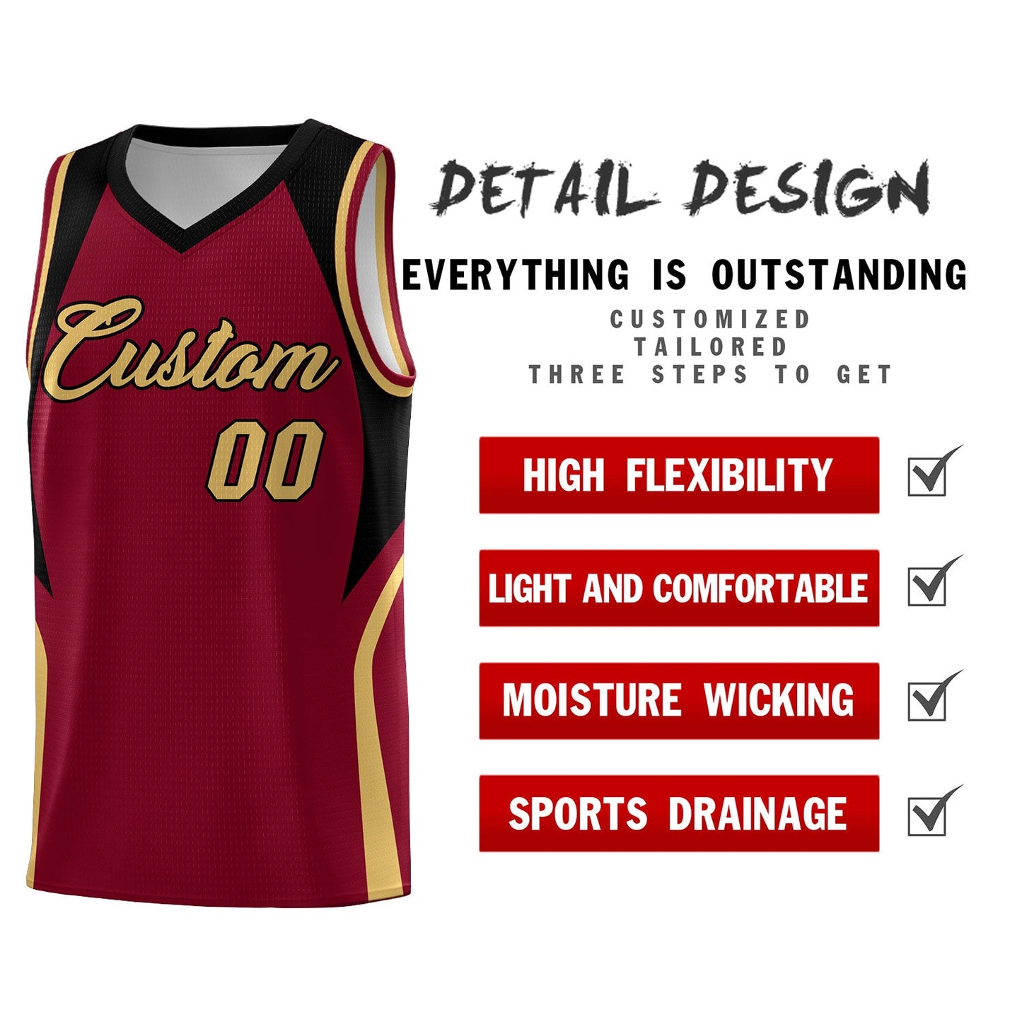 Custom Crimson Old Gold and Black Color Block Sports Uniform Basketball Jersey Limited
