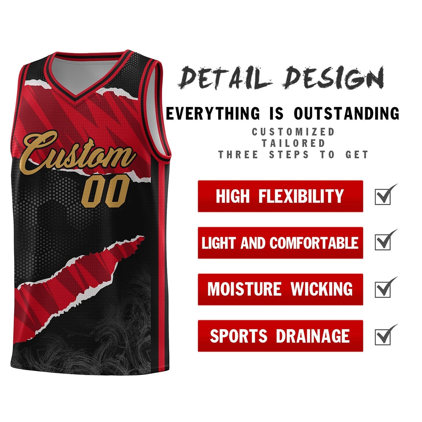 Custom Black Red-Black Tear Graffiti Pattern Sports Uniform Basketball Jersey Limited