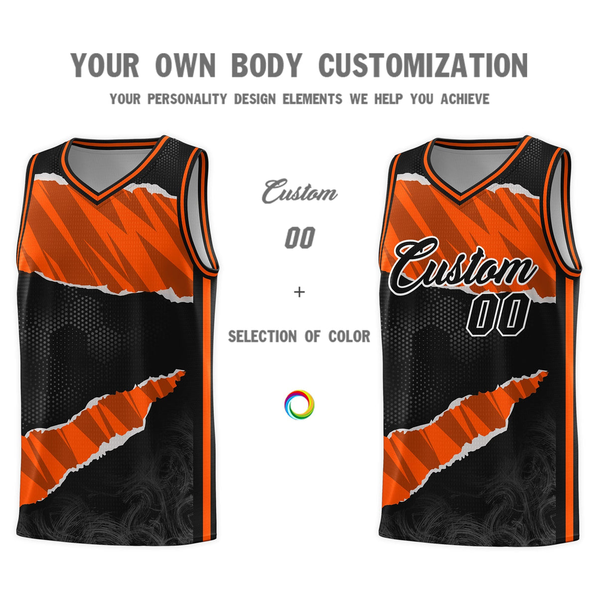 Custom Black Orange-Black Tear Graffiti Pattern Sports Uniform Basketball Jersey Limited
