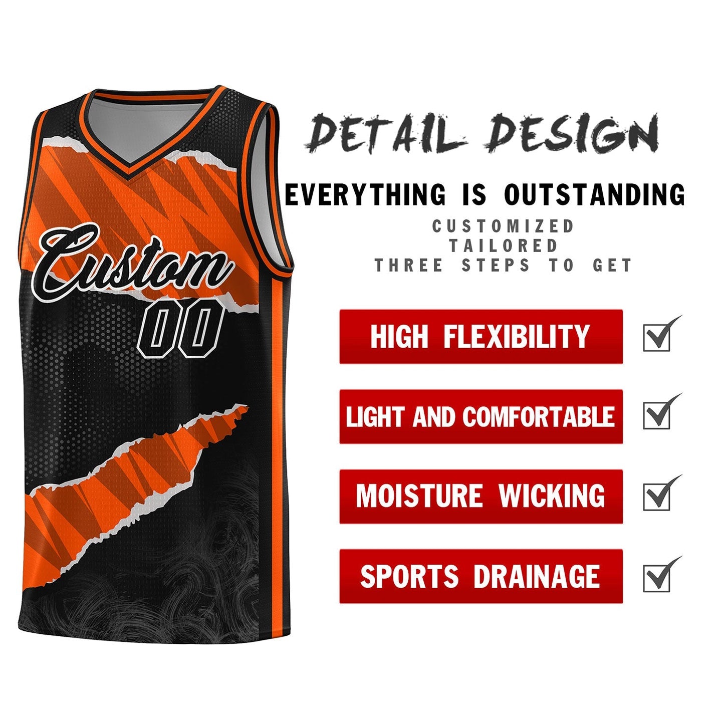 Custom Black Orange-Black Tear Graffiti Pattern Sports Uniform Basketball Jersey Limited