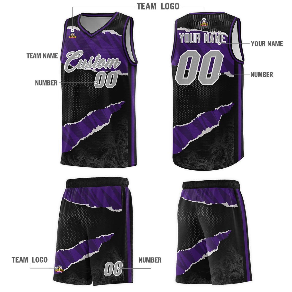 Custom Black Purple-Black Tear Graffiti Pattern Sports Uniform Basketball Jersey Limited