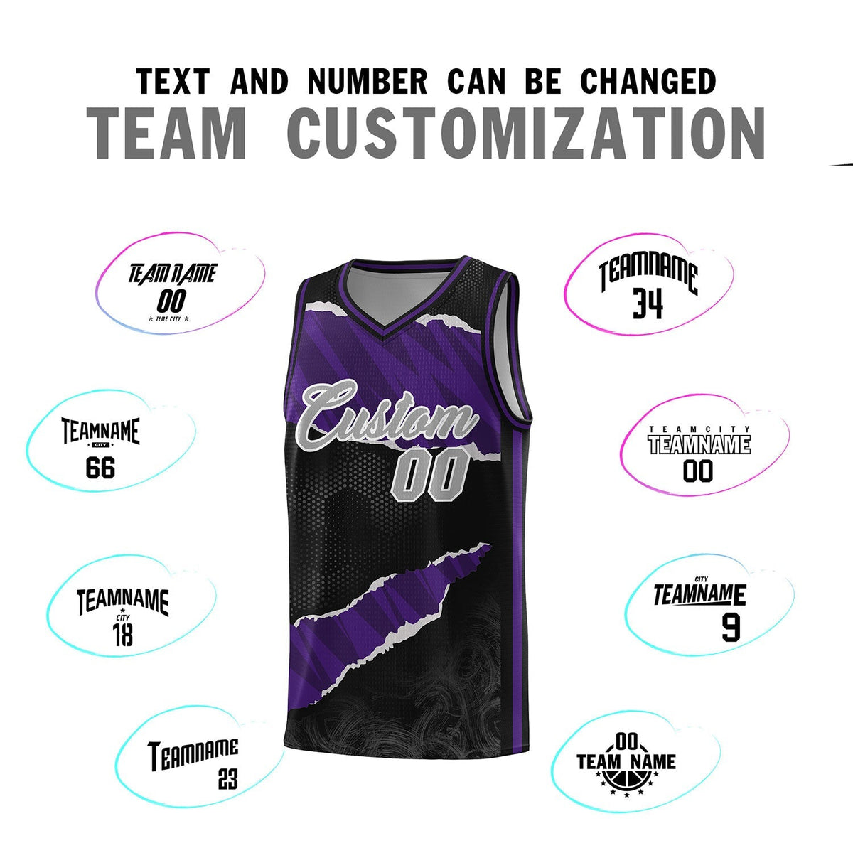 Custom Black Purple-Black Tear Graffiti Pattern Sports Uniform Basketball Jersey Limited