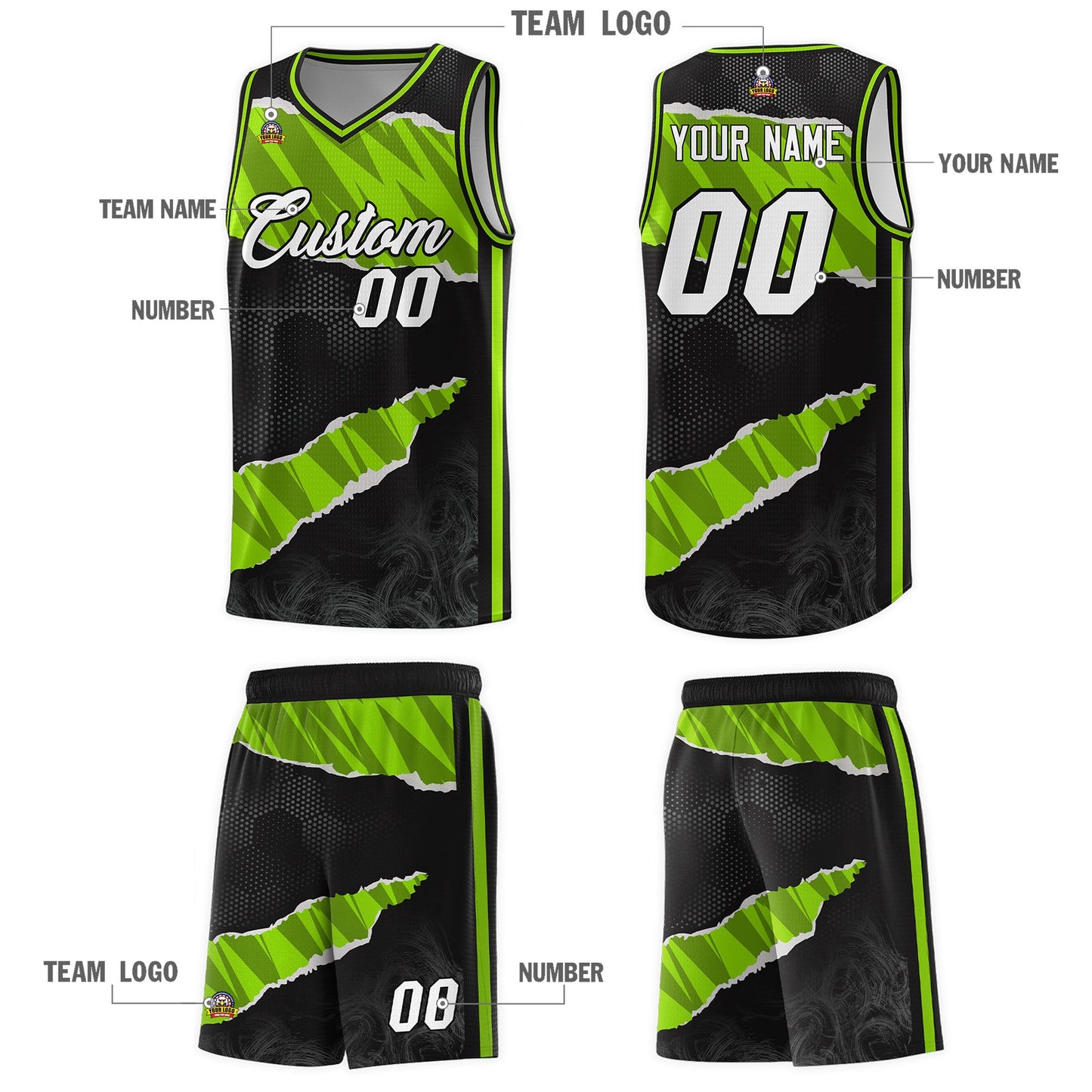 Custom Black Neon Green-Black Tear Graffiti Pattern Sports Uniform Basketball Jersey Limited