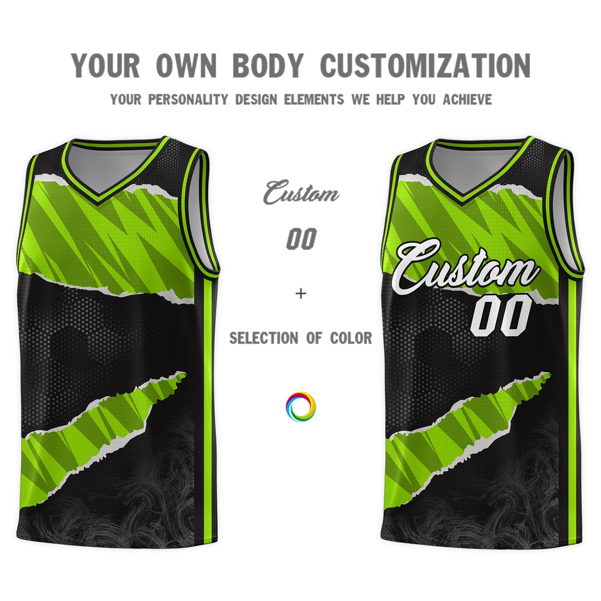 Custom Black Neon Green-Black Tear Graffiti Pattern Sports Uniform Basketball Jersey Limited