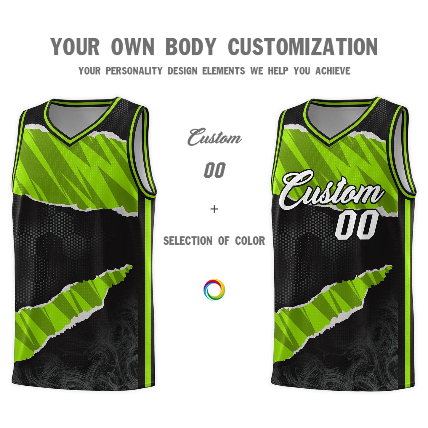 Custom Black Neon Green-Black Tear Graffiti Pattern Sports Uniform Basketball Jersey Limited