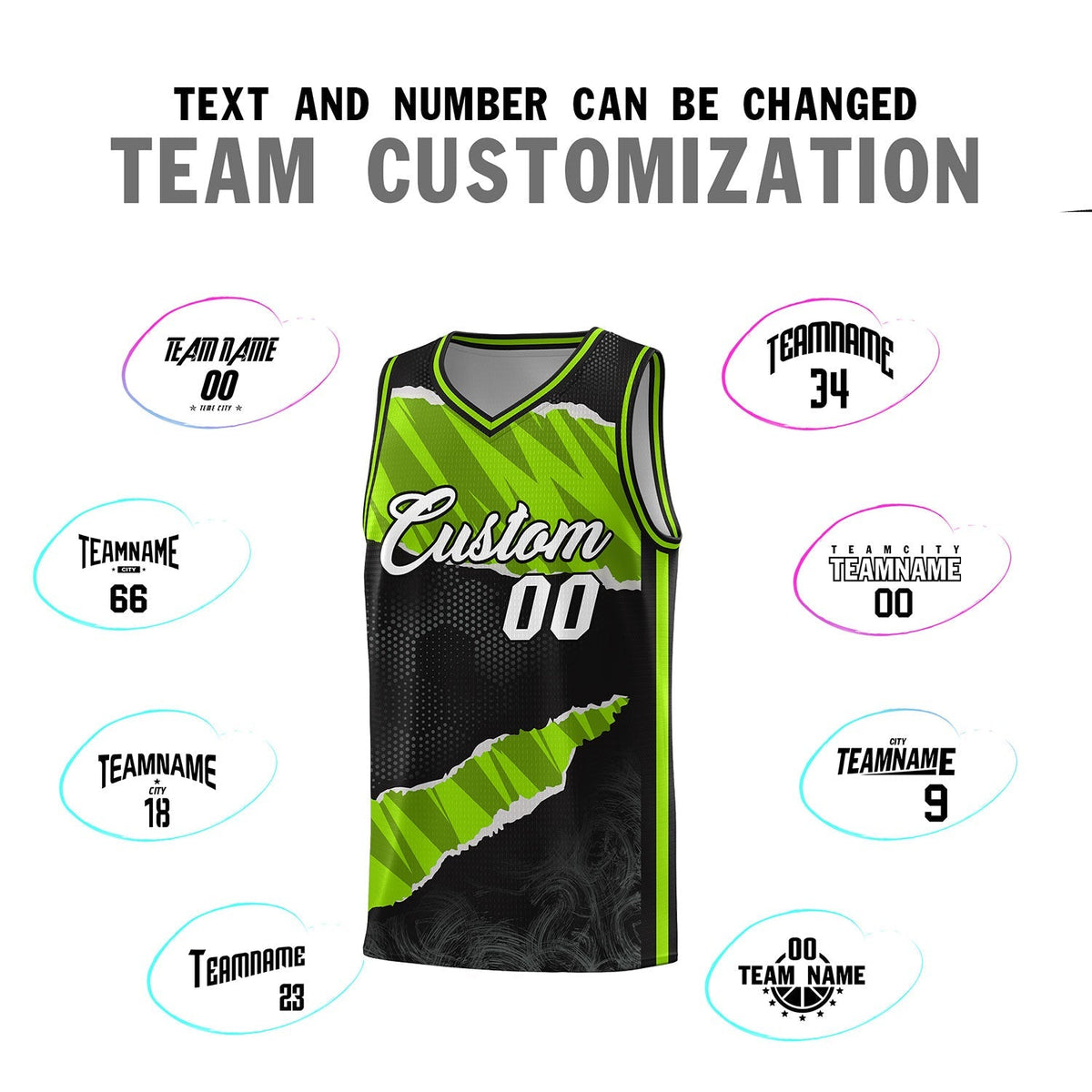 Custom Black Neon Green-Black Tear Graffiti Pattern Sports Uniform Basketball Jersey Limited