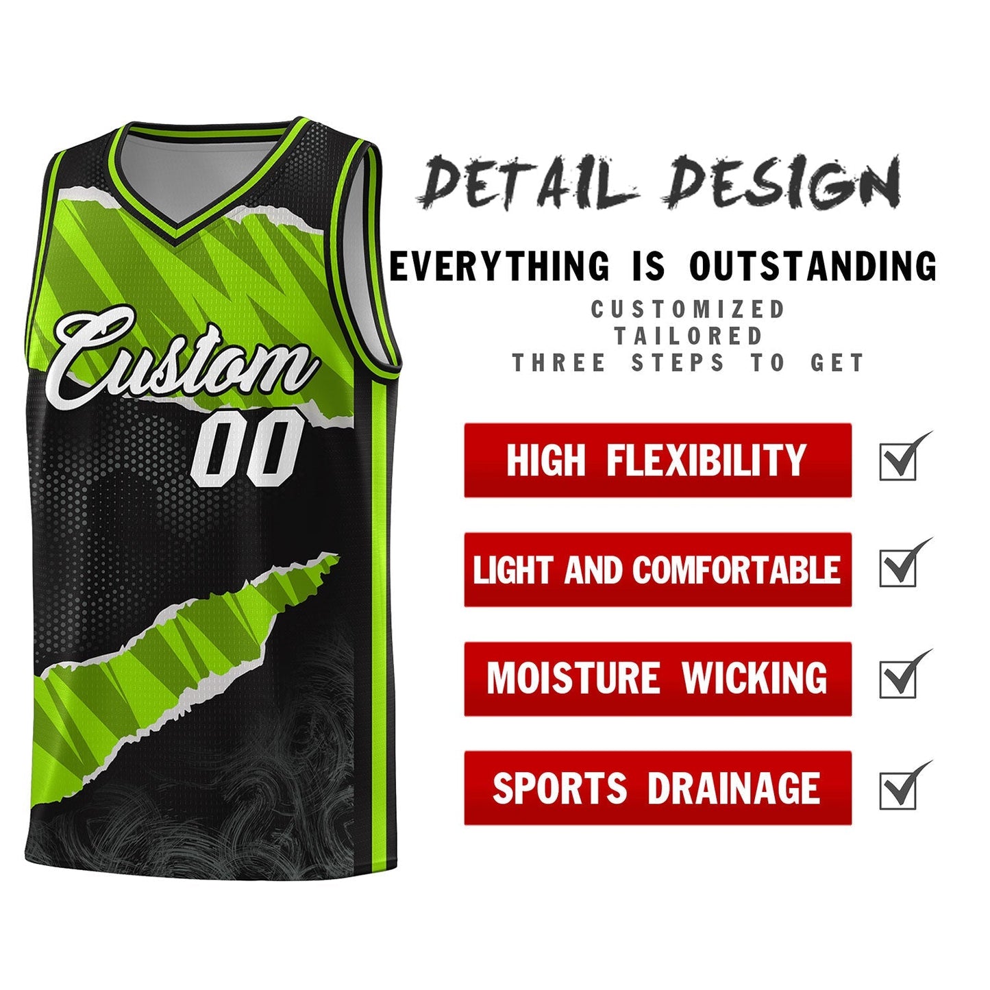 Custom Black Neon Green-Black Tear Graffiti Pattern Sports Uniform Basketball Jersey Limited