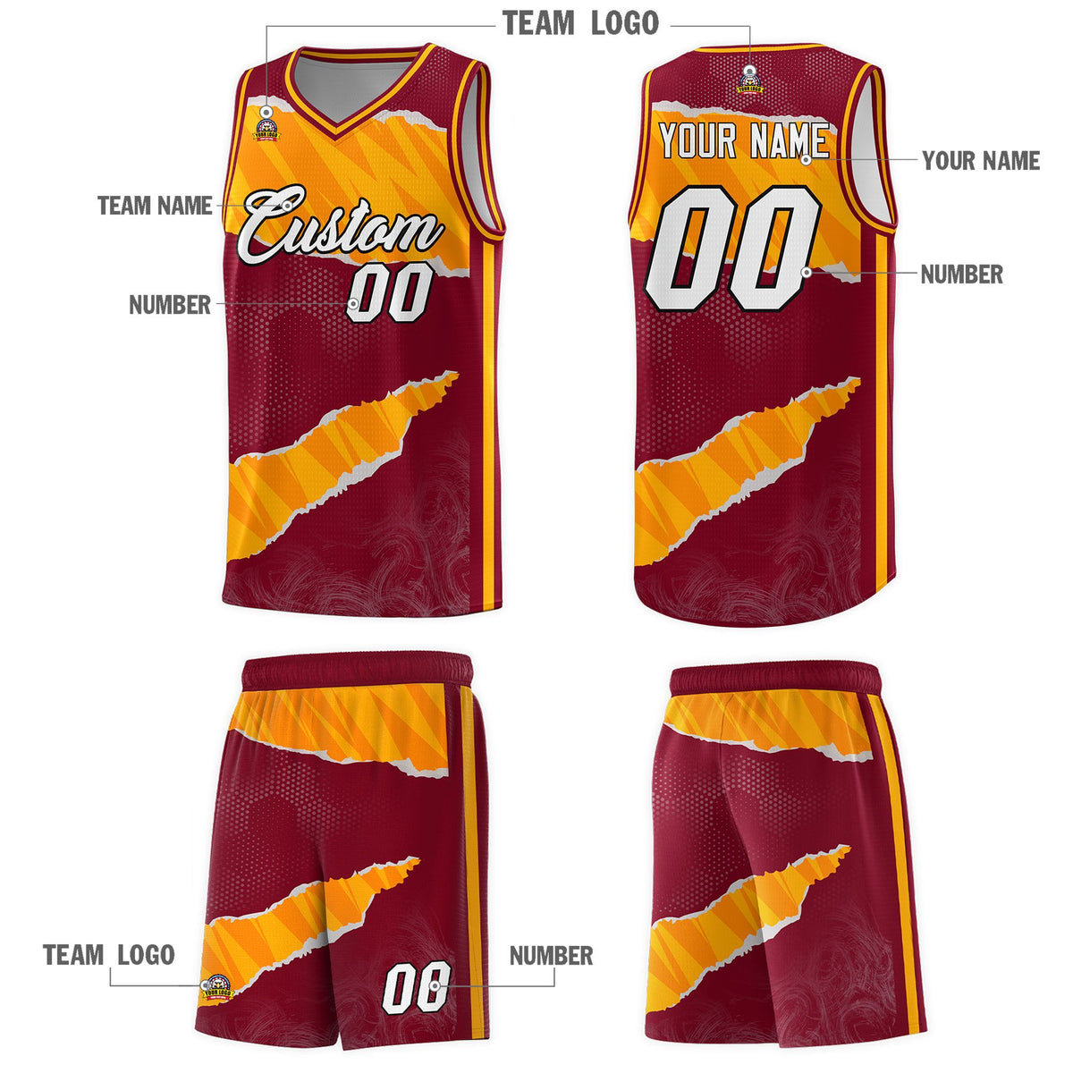 Custom Crimson Yellow-Orange Tear Graffiti Pattern Sports Uniform Basketball Jersey Limited