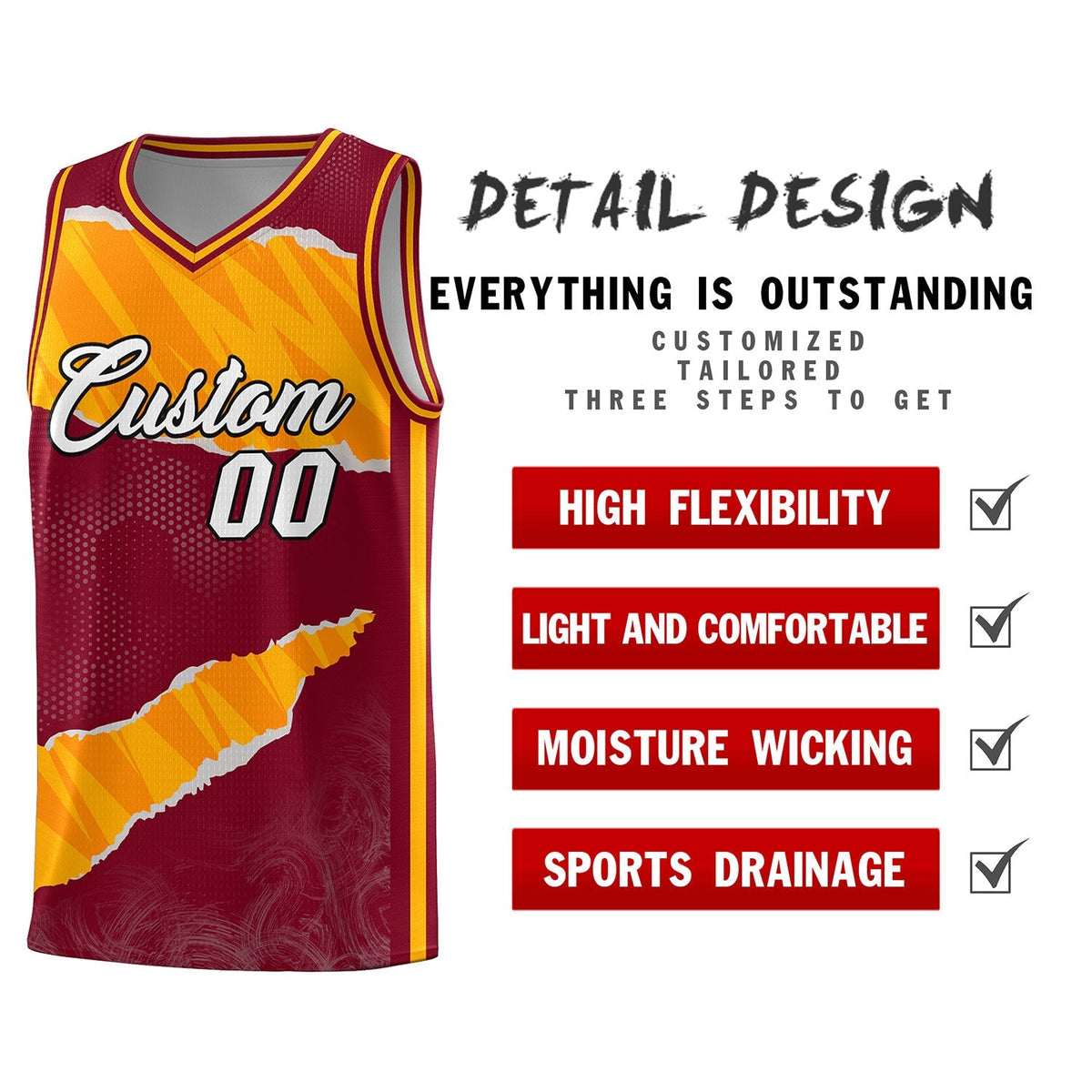 Custom Crimson Yellow-Orange Tear Graffiti Pattern Sports Uniform Basketball Jersey Limited