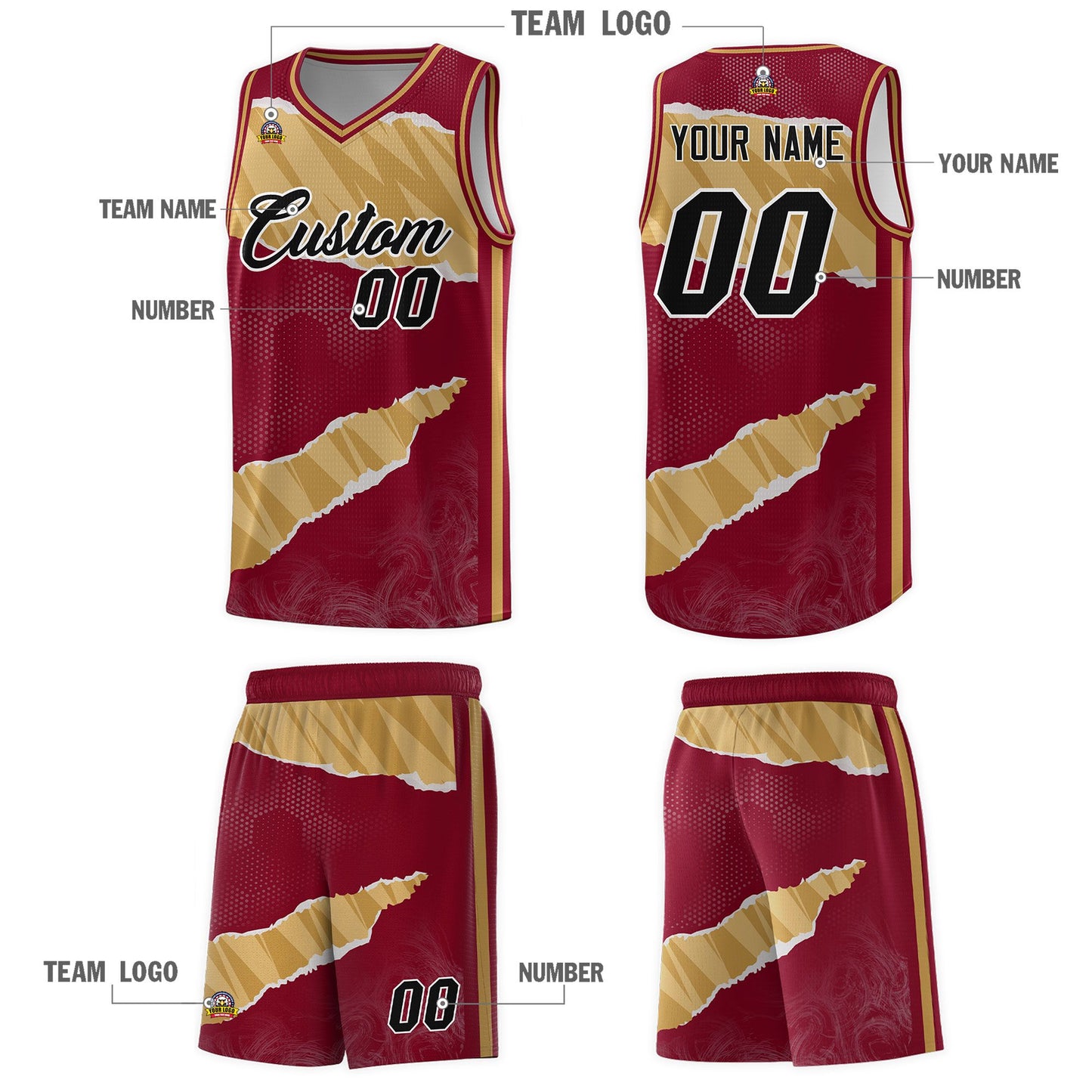 Custom Crimson Old Gold-Old Gold Tear Graffiti Pattern Sports Uniform Basketball Jersey Limited
