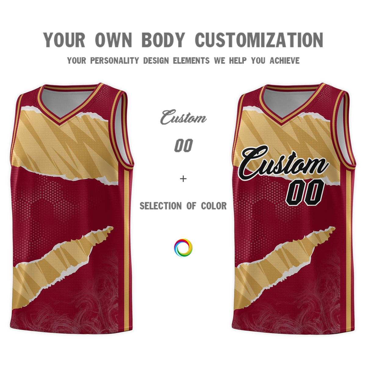 Custom Crimson Old Gold-Old Gold Tear Graffiti Pattern Sports Uniform Basketball Jersey Limited