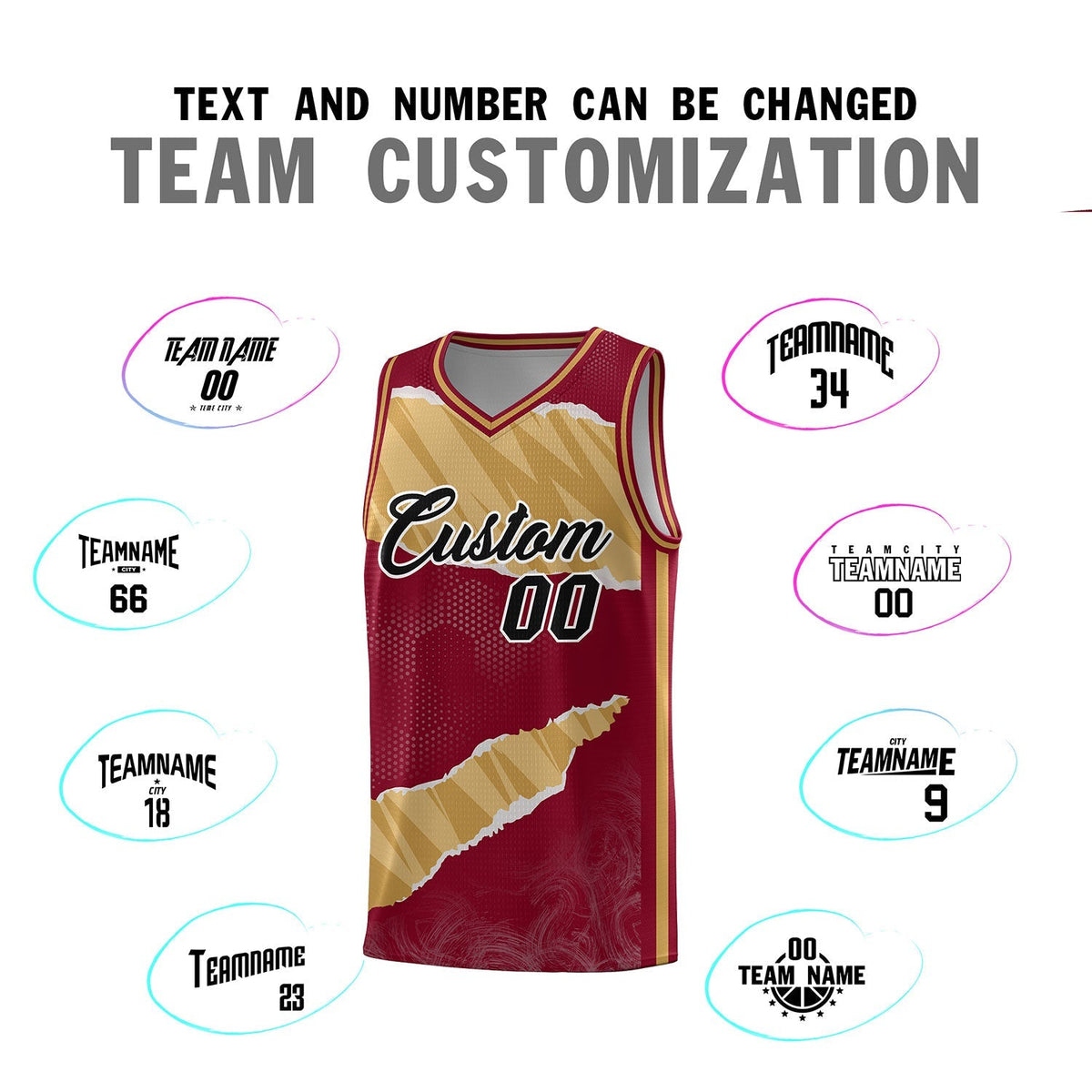 Custom Crimson Old Gold-Old Gold Tear Graffiti Pattern Sports Uniform Basketball Jersey Limited