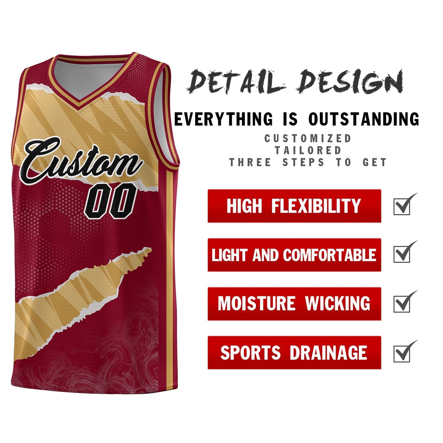 Custom Crimson Old Gold-Old Gold Tear Graffiti Pattern Sports Uniform Basketball Jersey Limited