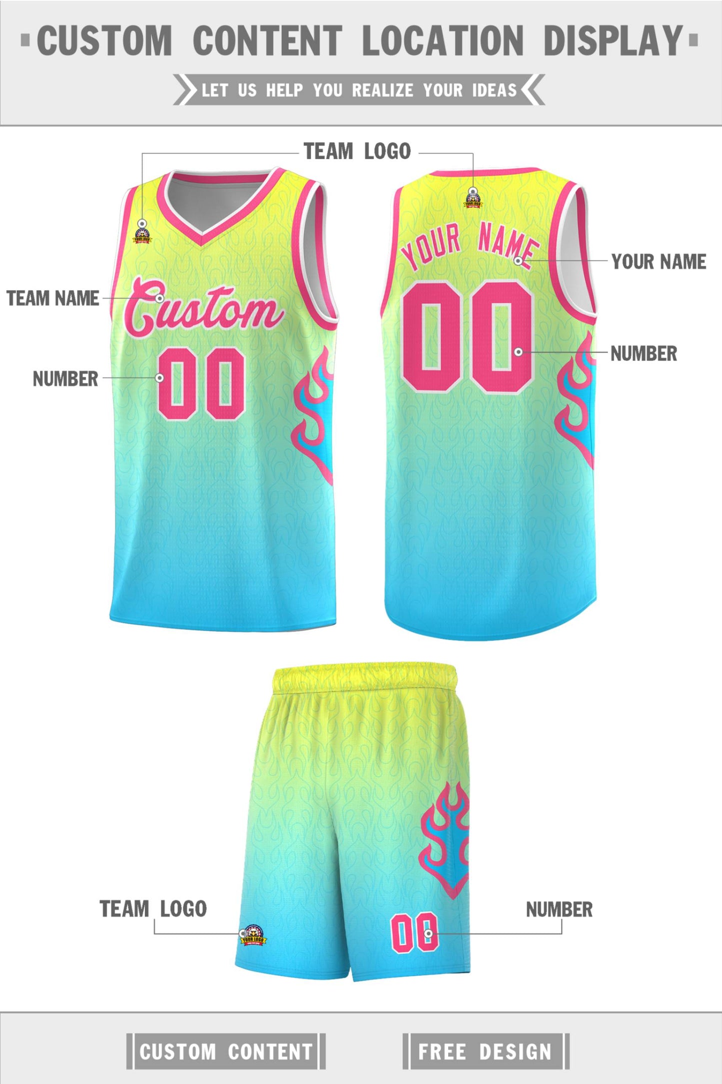 Custom Gold Light Blue-Pink Flame Gradient Fashion Sports Uniform Basketball Jersey Limited