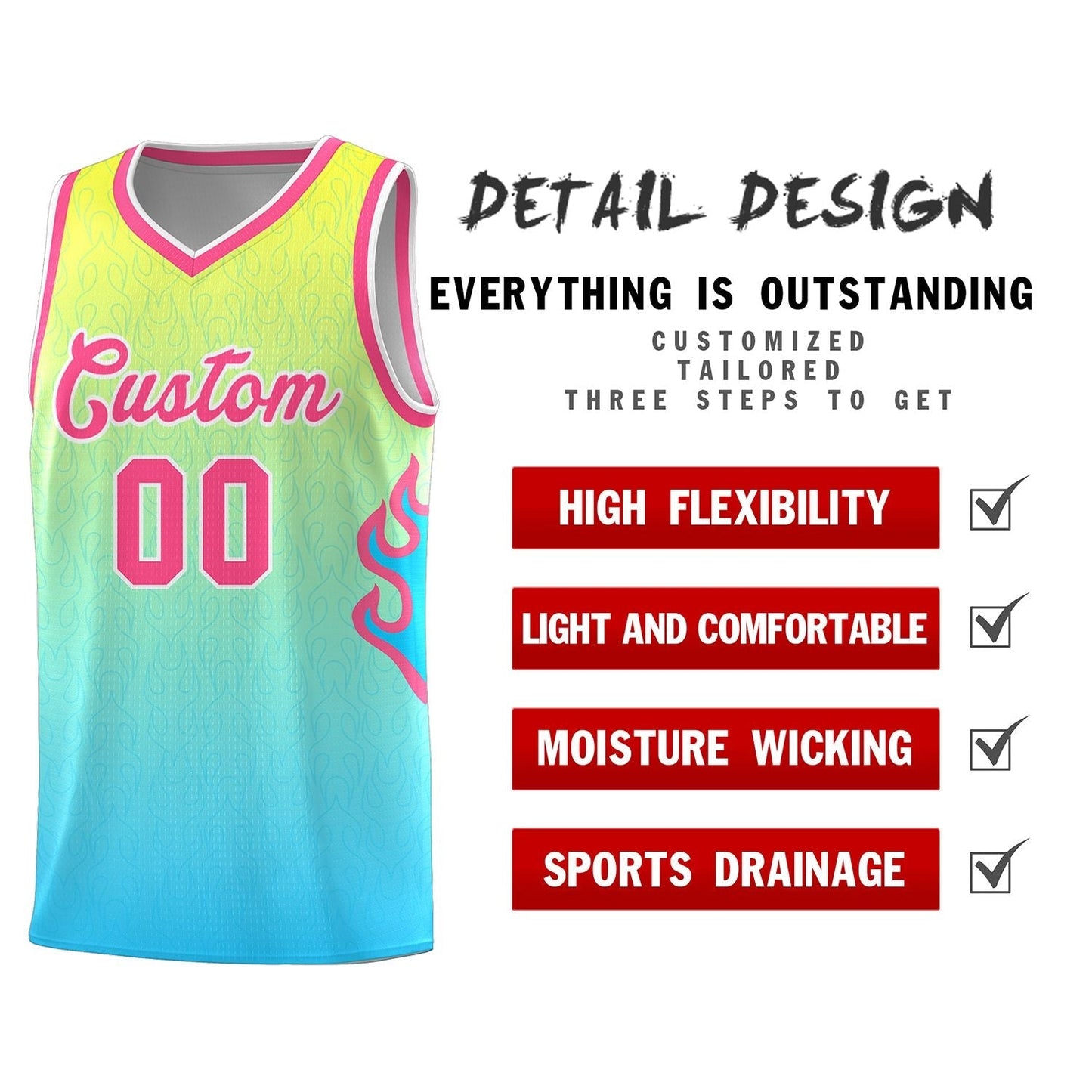 Custom Gold Light Blue-Pink Flame Gradient Fashion Sports Uniform Basketball Jersey Limited