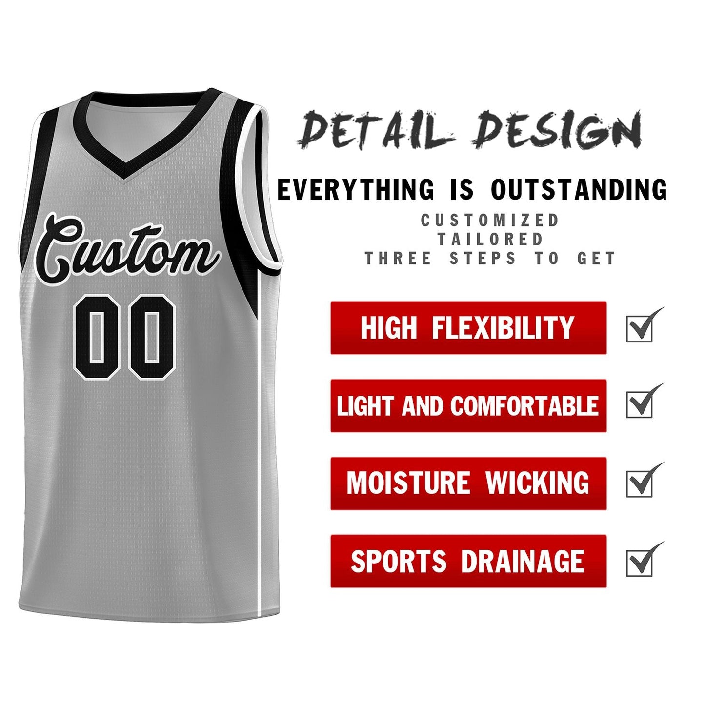 Custom Gray Black-White Sleeve Color Blocking Classic Sets Sports Uniform Basketball Jersey Limited