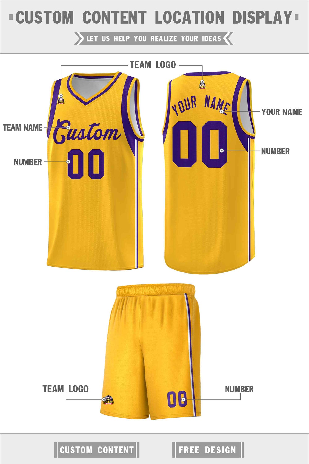 Custom Gold Purple Sleeve Color Blocking Classic Sets Sports Uniform Basketball Jersey Limited