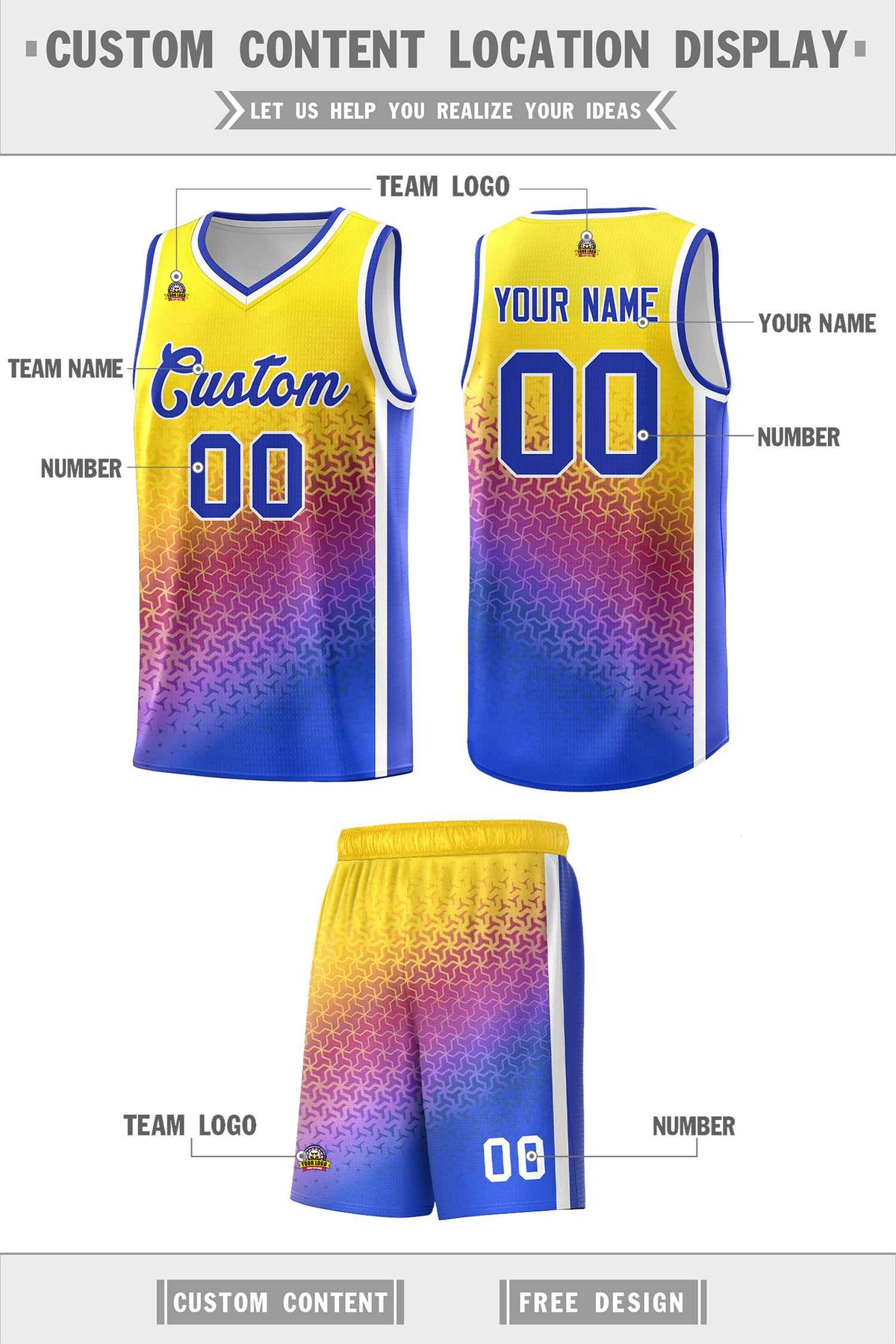 Custom Gold Purple-Royal Gradient Design Irregular Shapes Pattern Sports Uniform Basketball Jersey Limited