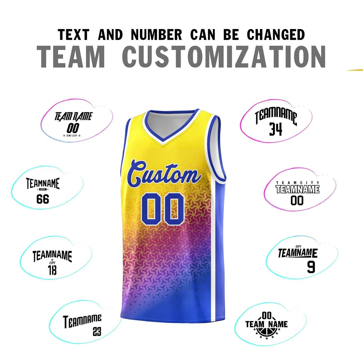 Custom Gold Purple-Royal Gradient Design Irregular Shapes Pattern Sports Uniform Basketball Jersey Limited