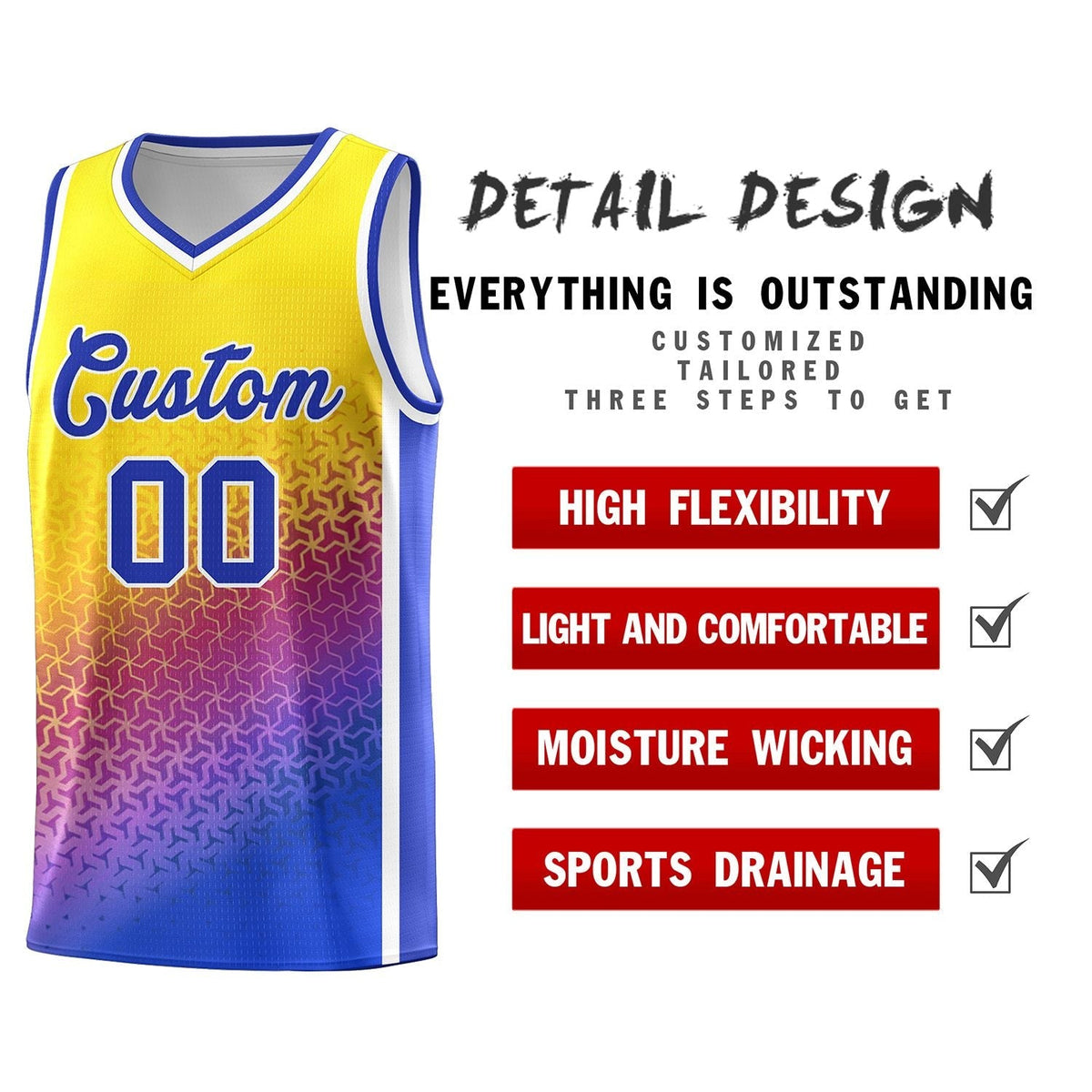 Custom Gold Purple-Royal Gradient Design Irregular Shapes Pattern Sports Uniform Basketball Jersey Limited