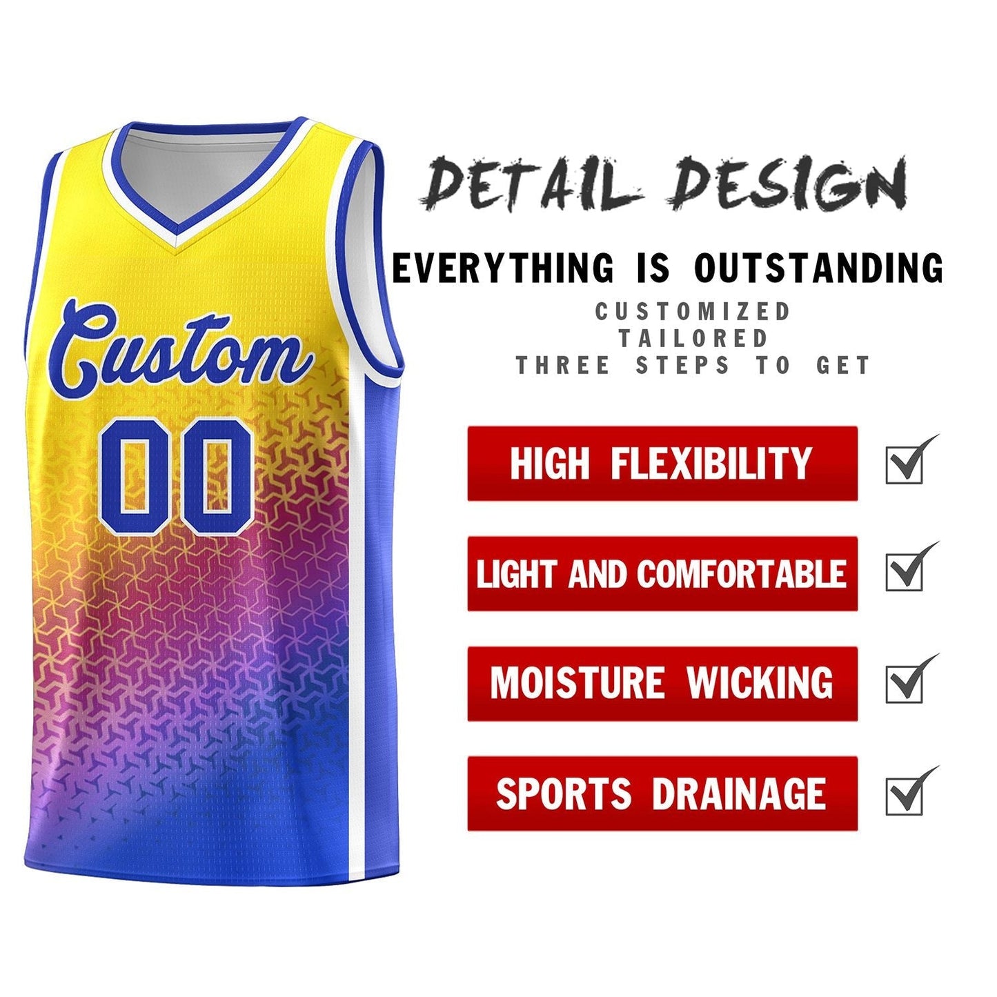 Custom Gold Purple-Royal Gradient Design Irregular Shapes Pattern Sports Uniform Basketball Jersey Limited