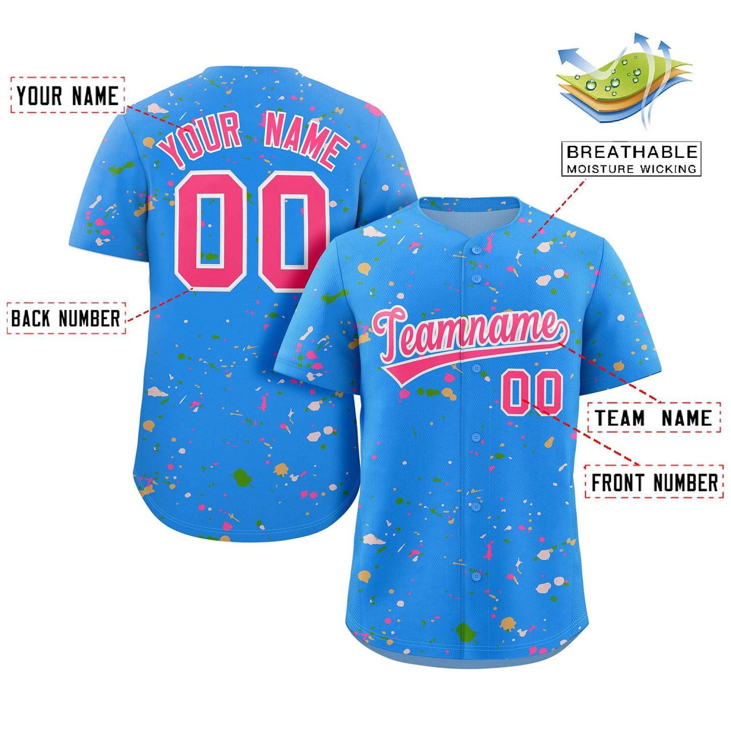 Custom Powder Blue Pink-White Splash Graffiti Pattern Authentic Baseball Jersey Limited