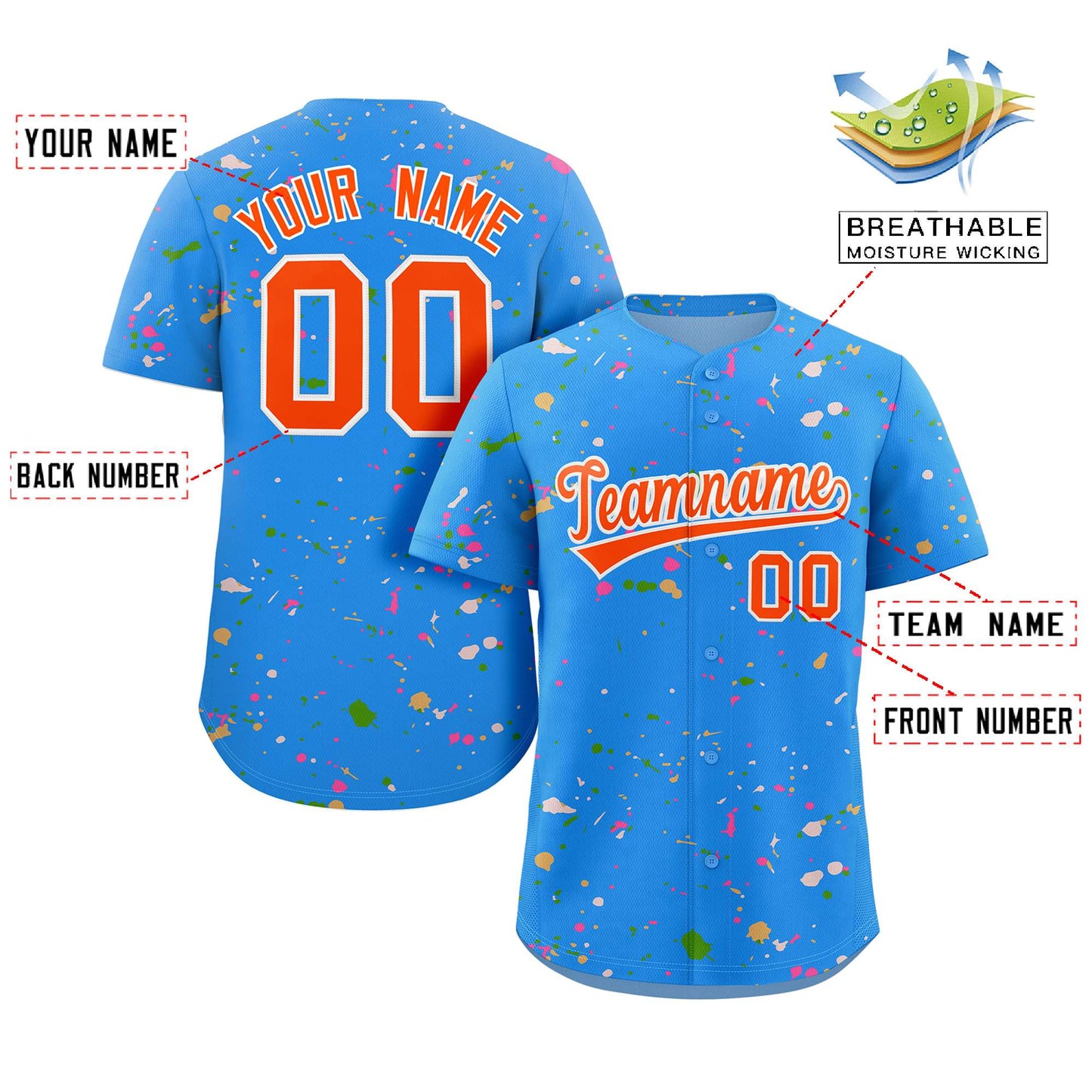 Custom Powder Blue Orange-White Splash Graffiti Pattern Authentic Baseball Jersey Limited
