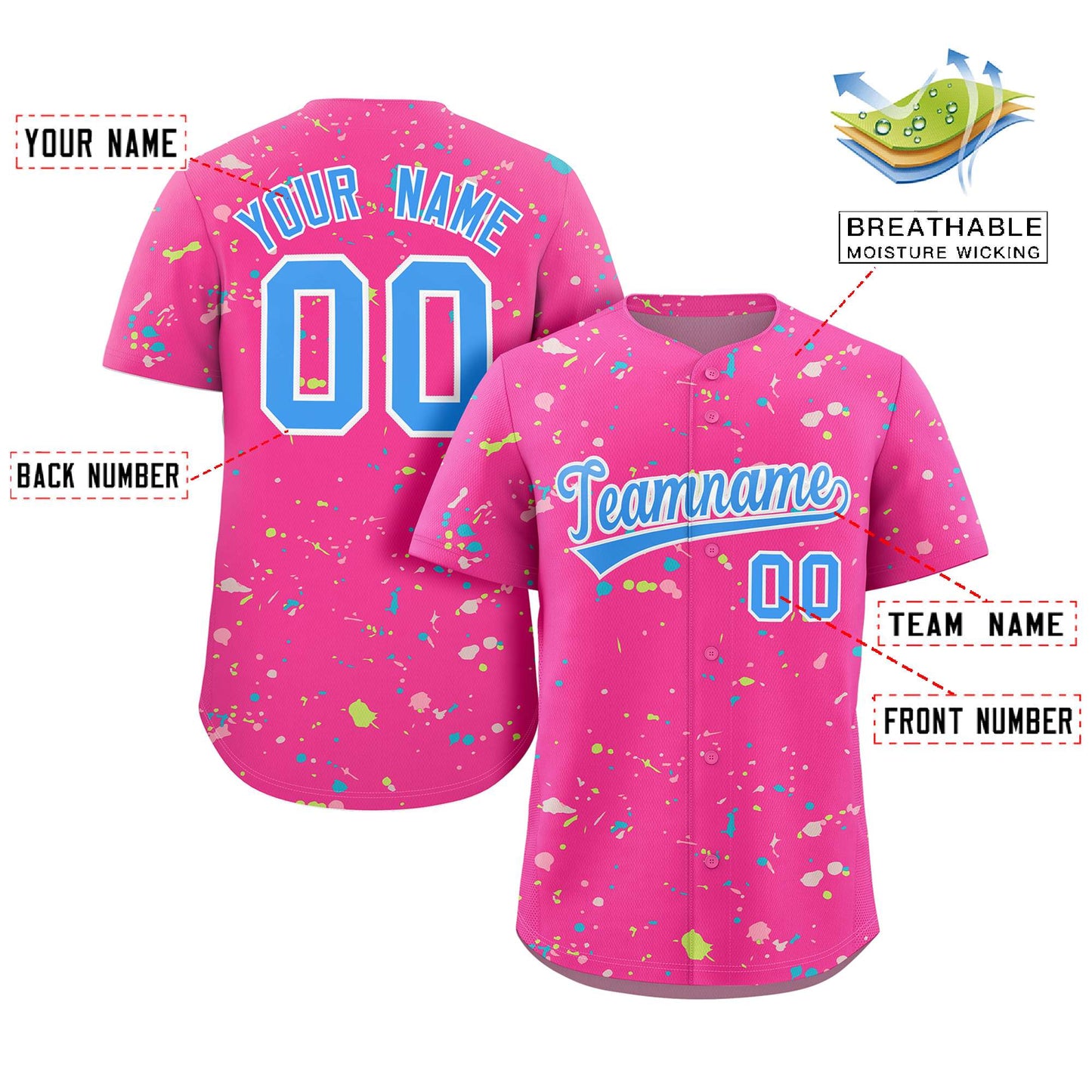 Custom Pink Powder Blue-White Splash Graffiti Pattern Authentic Baseball Jersey Limited