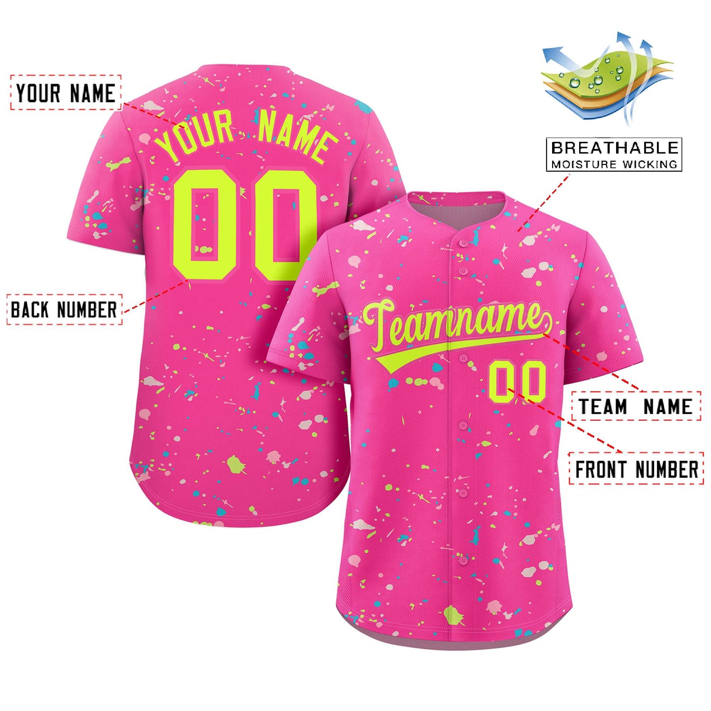Custom Pink Neon Green Splash Graffiti Pattern Authentic Baseball Jersey Limited