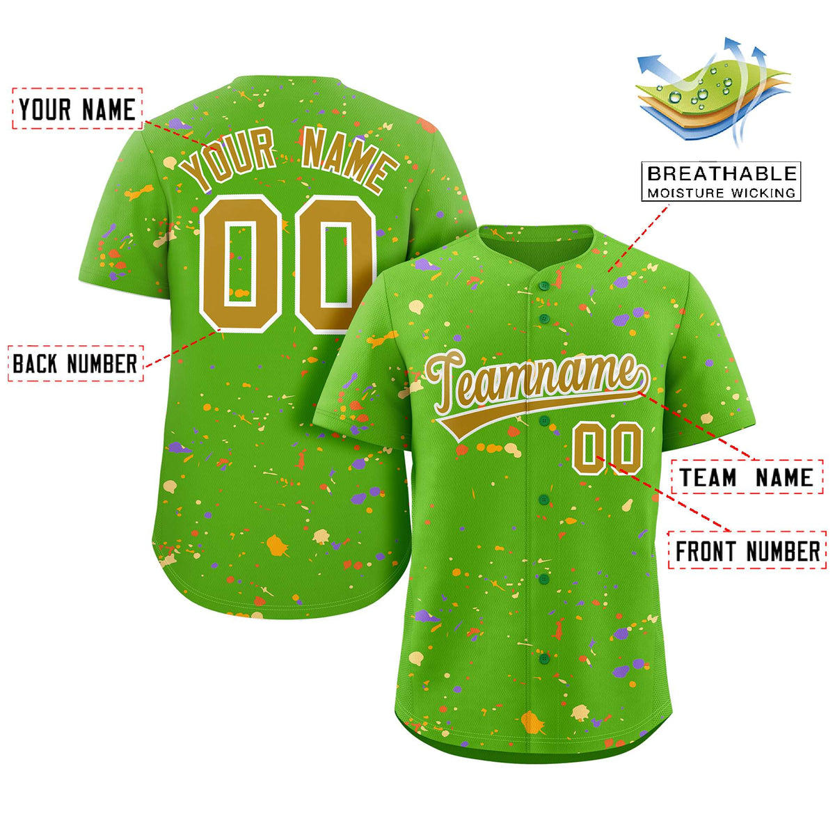 Custom Green Old Gold-White Splash Graffiti Pattern Authentic Baseball Jersey Limited