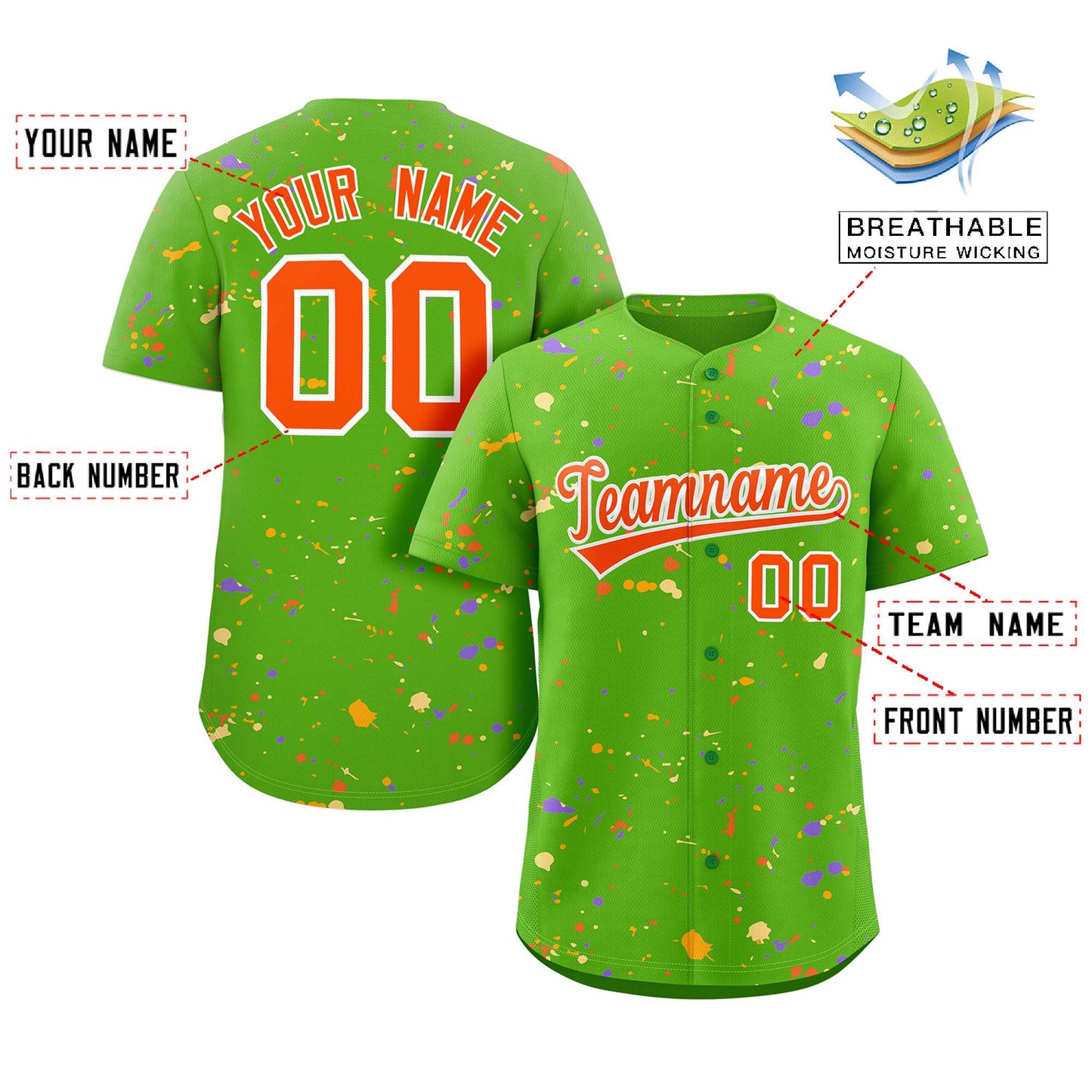Custom Green Orange-White Splash Graffiti Pattern Authentic Baseball Jersey Limited