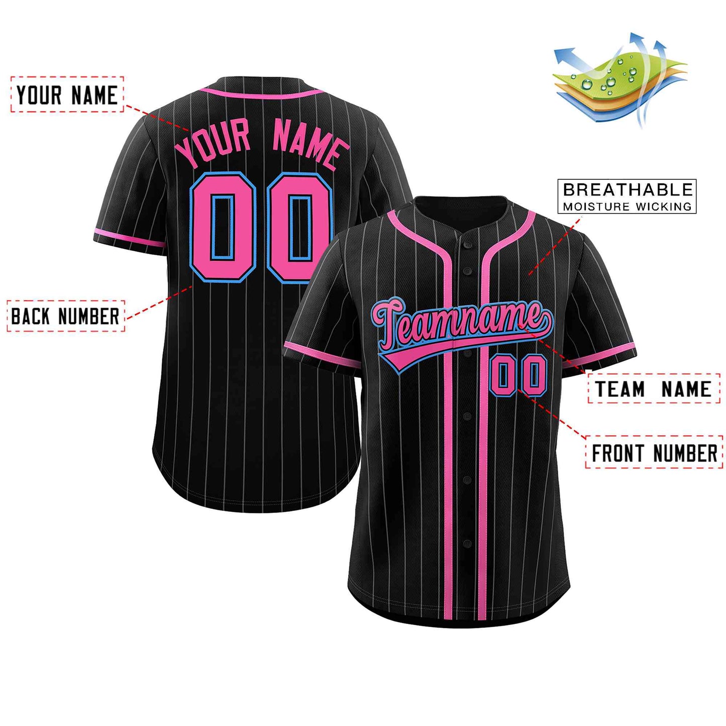 Custom Black Pink-Gray Stripe Fashion Design Full Button Authentic Baseball Jersey Limited