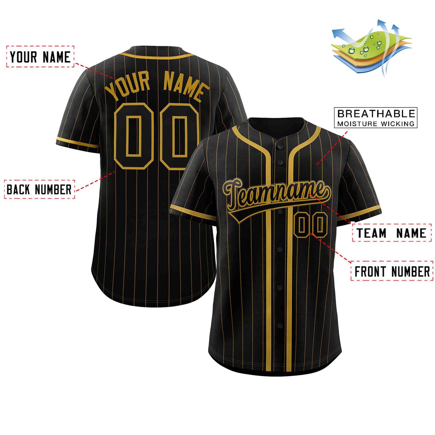 Custom Black Old Gold Stripe Fashion Design Full Button Authentic Baseball Jersey Limited