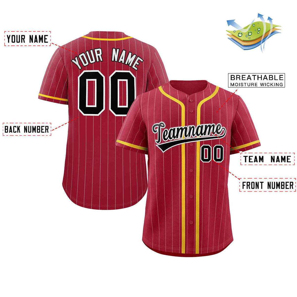 Custom Crimson Black-Gold Stripe Fashion Design Full Button Authentic Baseball Jersey Limited