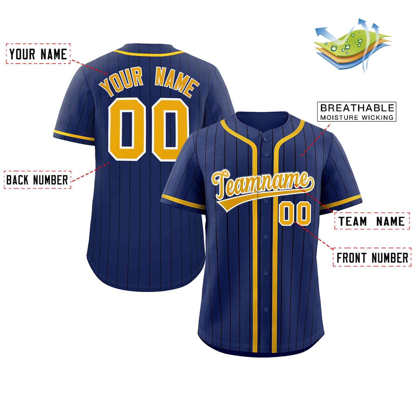 Custom Navy Gold-Black Stripe Fashion Design Full Button Authentic Baseball Jersey Limited