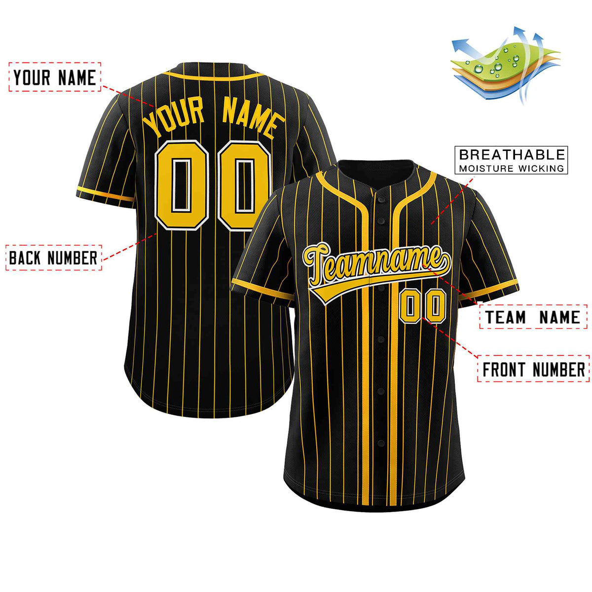 Custom Black Yellow Stripe Fashion Design Full Button Authentic Baseball Jersey Limited